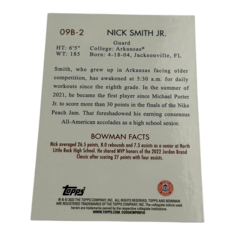 2023 Topps Bowman Nick Smith Jr Arkansas Razorbacks #09B-2 Silver Foil Refractor